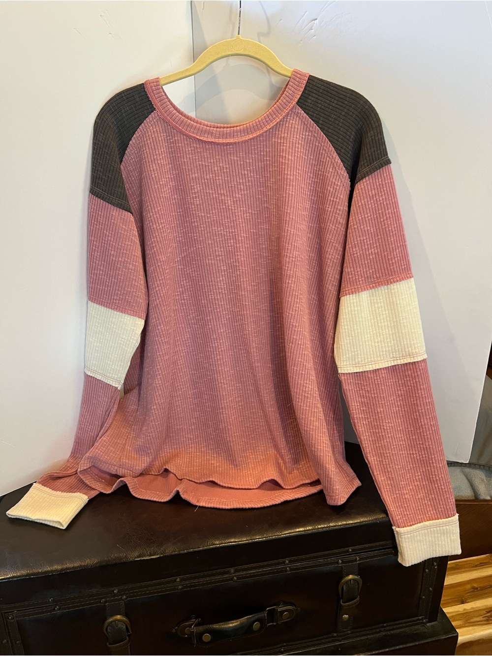 Maurices Pink Waffle-Knit Colorblock Pullover with Charcoal & Cream